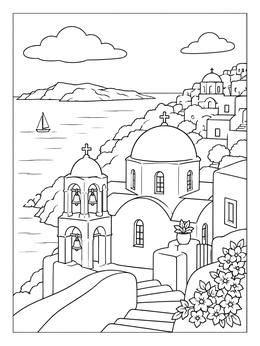 Free printable Santorini Coastal Church And Sea coloring page