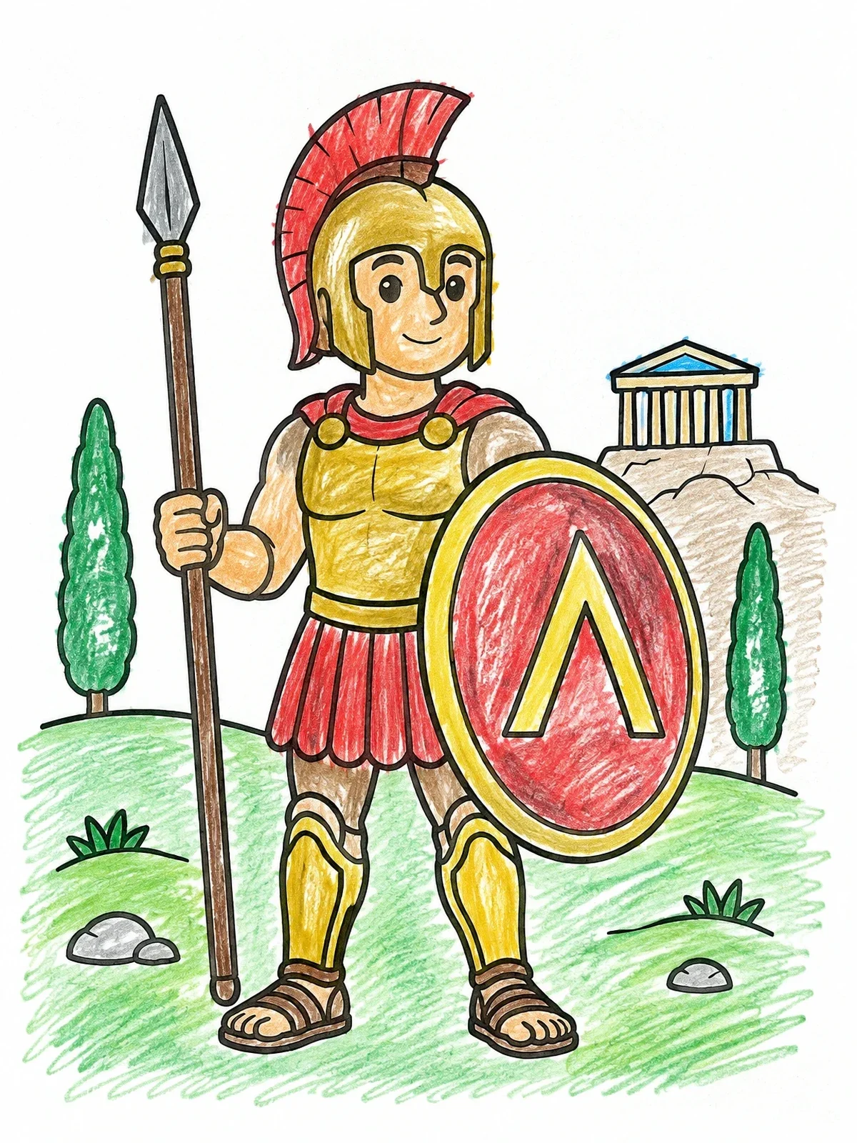 Colored example of the Spartan Warrior With Spear And Shield coloring page