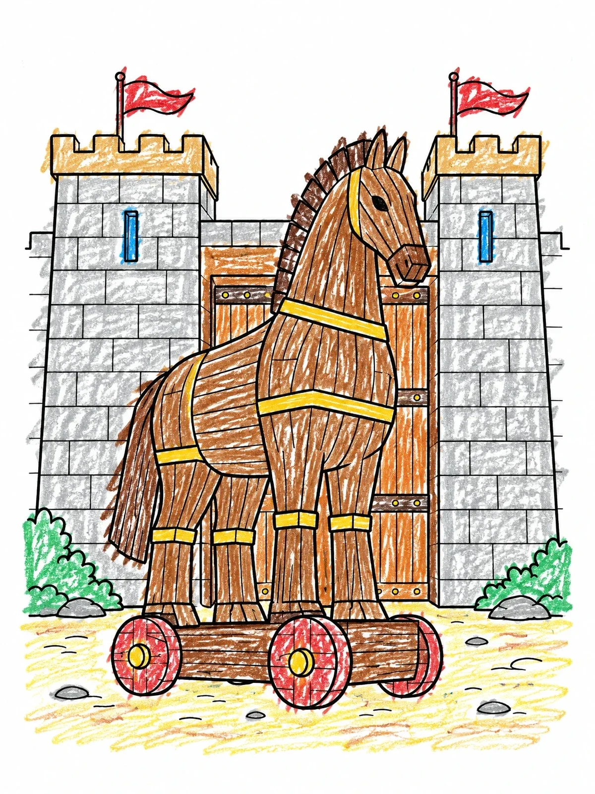 Colored example of the Trojan Horse At City Gates coloring page