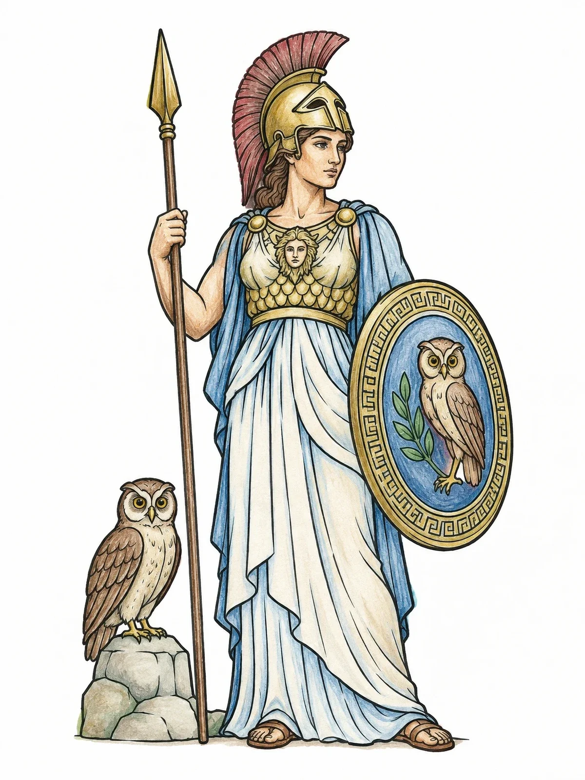 Colored example of the Greek Goddess Athena With Owl coloring page