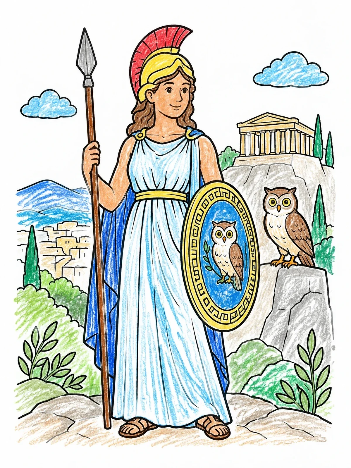Colored example of the Athena With Spear And Shield coloring page
