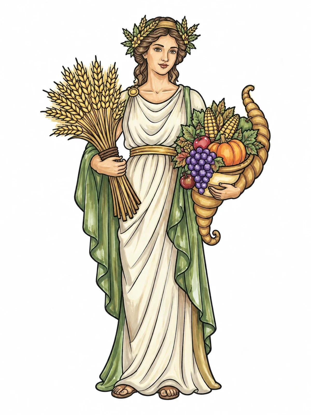 Colored example of the Greek Goddess Demeter With Harvest Cornucopia coloring page