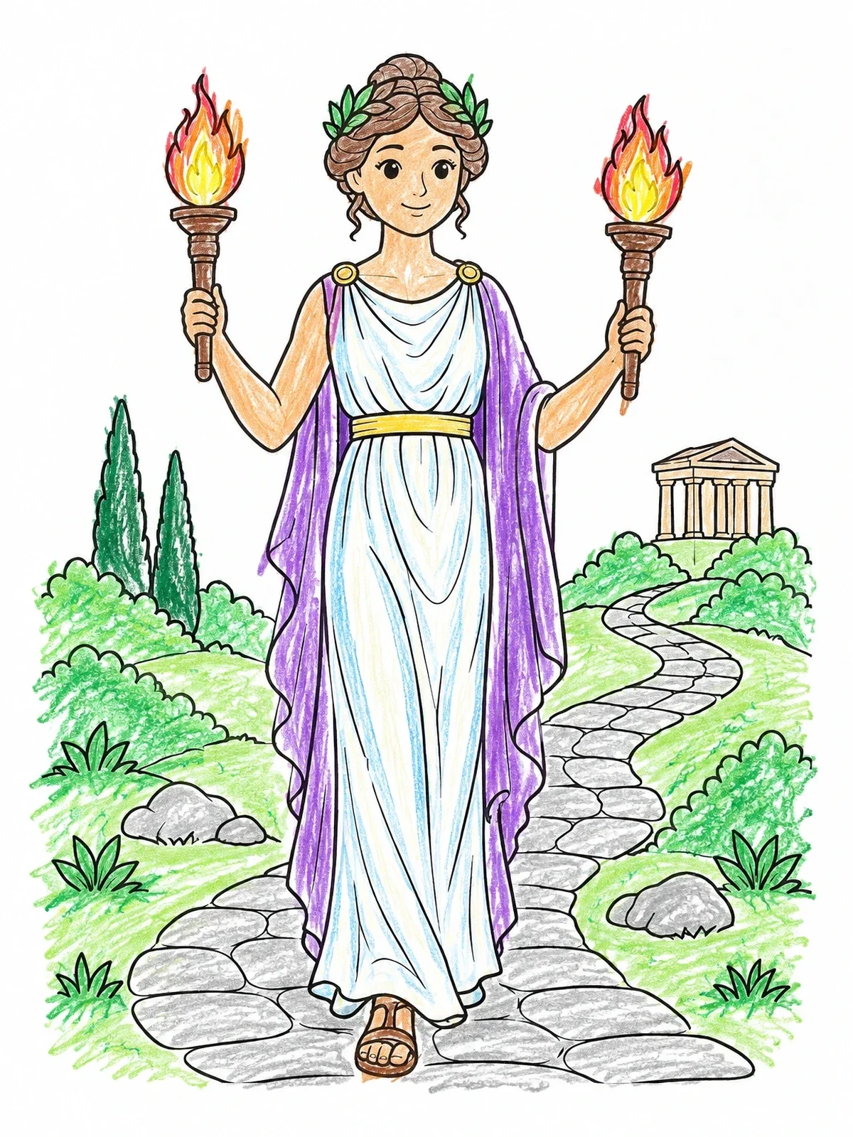 Colored example of the Greek Goddess With Flaming Torches coloring page