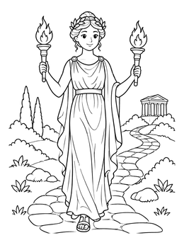 Free printable Greek Goddess With Flaming Torches coloring page
