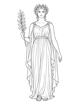 Greek goddess coloring page with flowing draped robes and an olive branch.