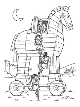 Free printable Greek Warriors Leaving The Trojan Horse coloring page