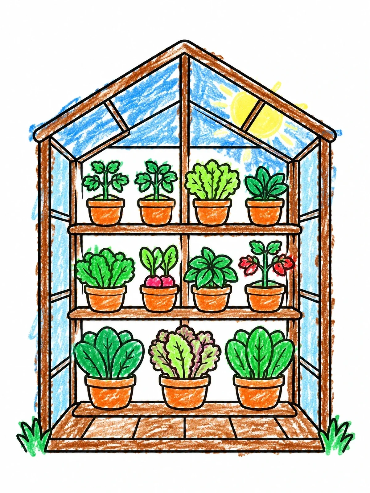 Colored example of the Potted Vegetables In A Greenhouse coloring page