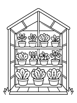 A small greenhouse filled with potted plants in this vegetable coloring page.