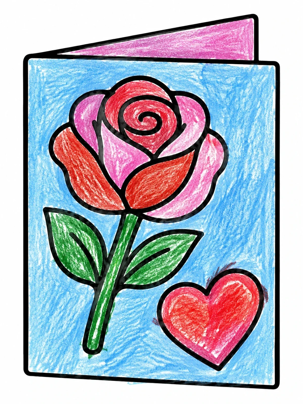 Colored example of the Greeting Card With Rose And Heart coloring page