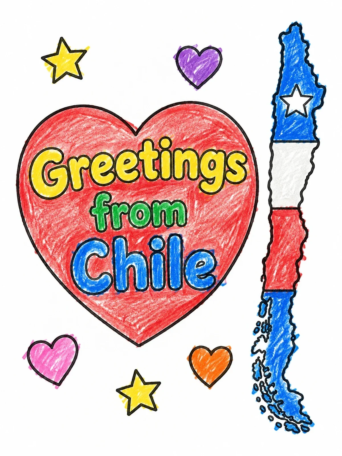 Colored example of the Greetings From Chile Map Outline coloring page