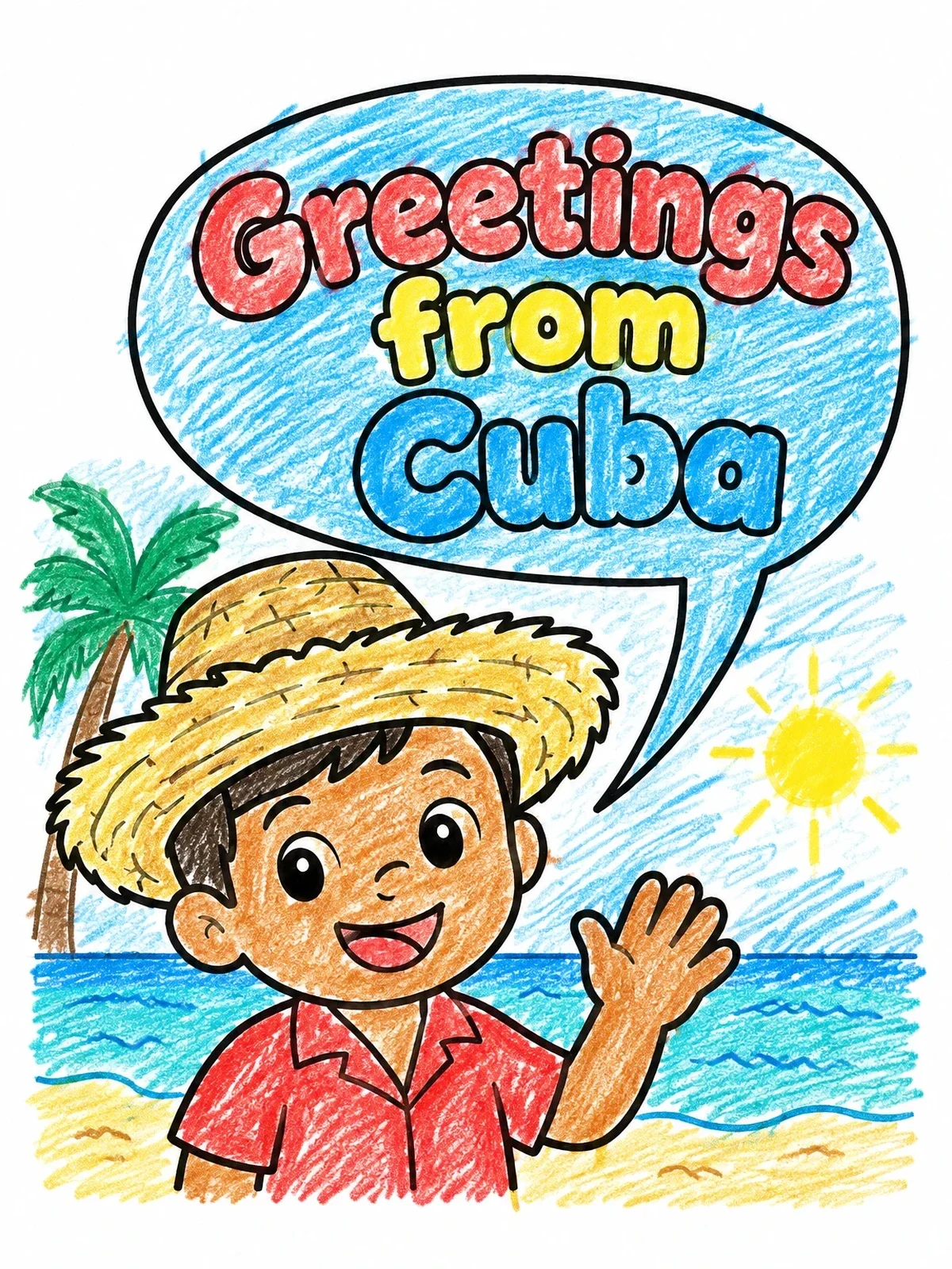 Colored example of the Greetings From Cuba Friendly Boy coloring page