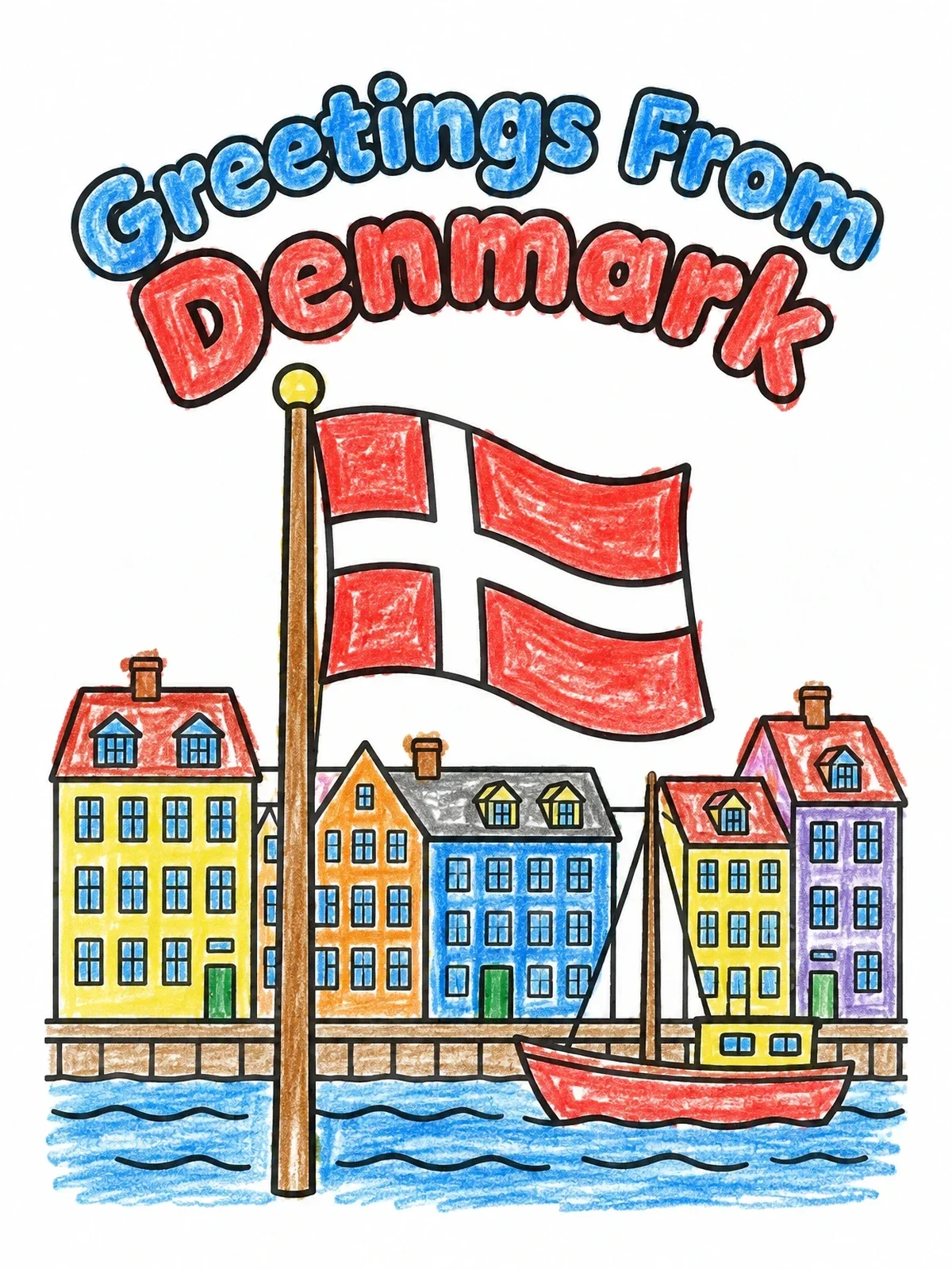 Colored example of the Greetings From Denmark Harbor coloring page