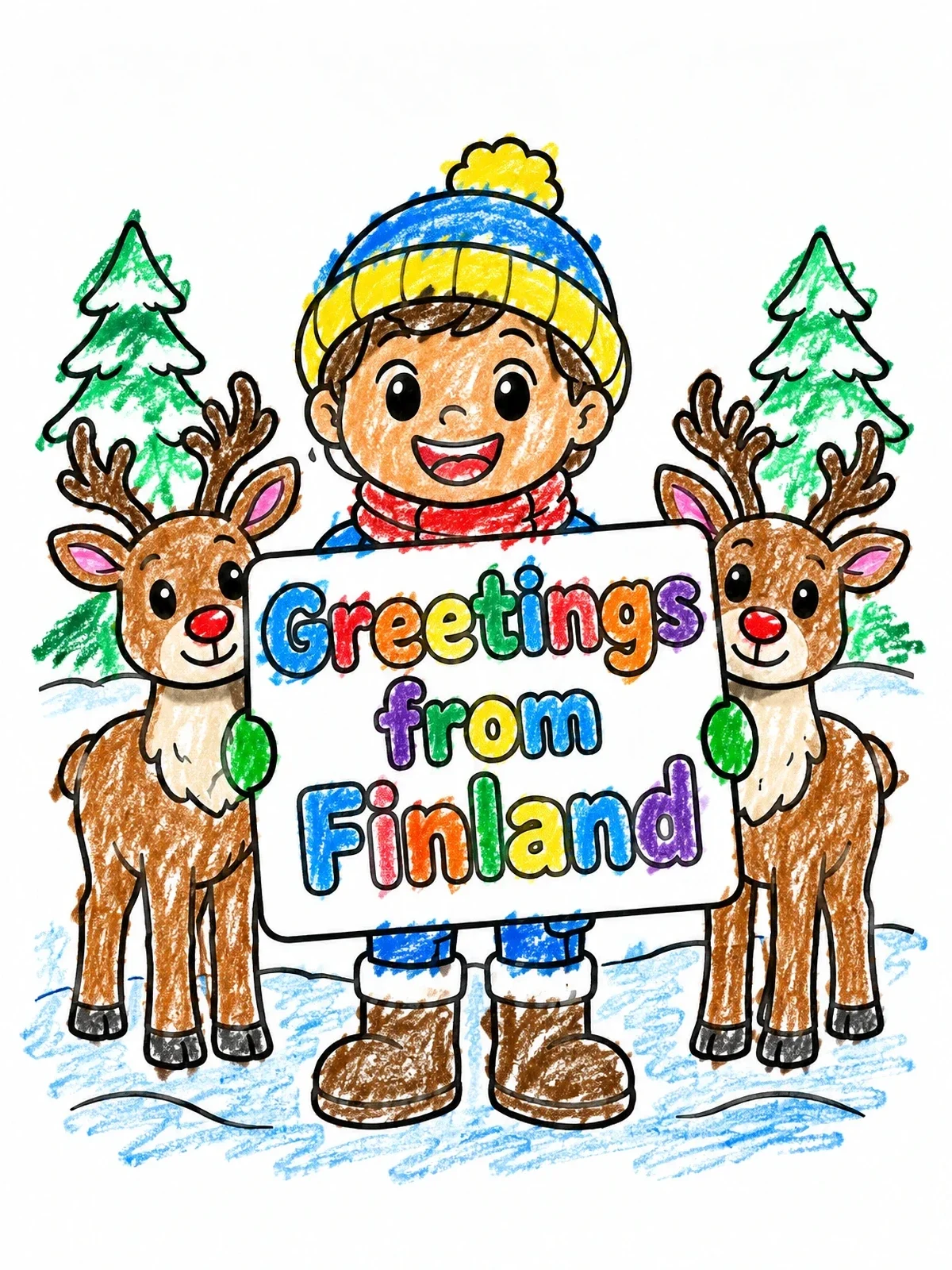 Colored example of the Greetings From Finland With Reindeer coloring page