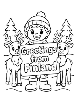 Free printable Greetings From Finland With Reindeer coloring page