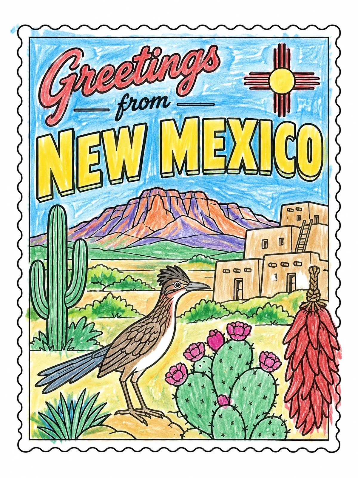 Colored example of the Greetings From New Mexico Postcard coloring page