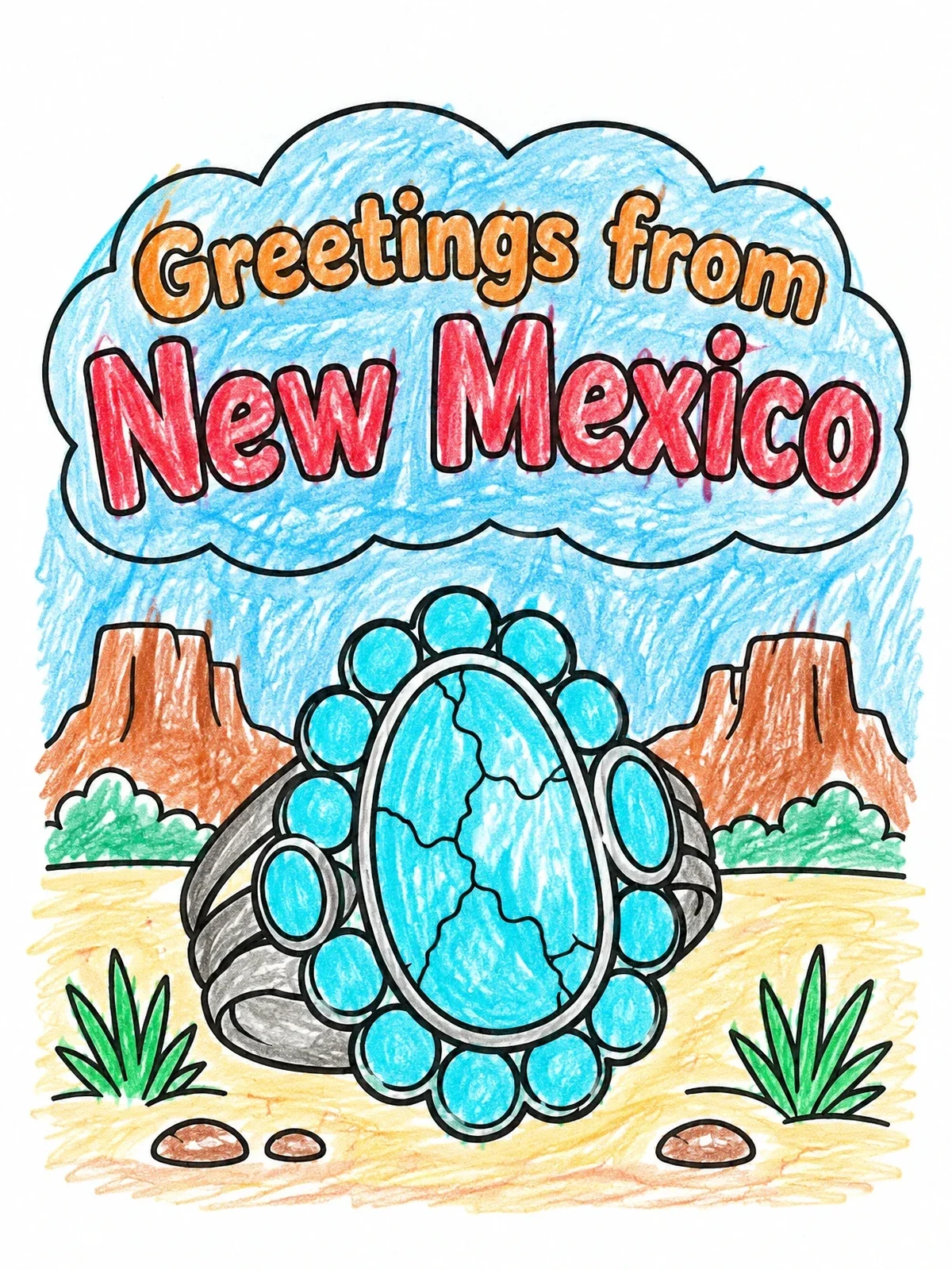 Colored example of the Greetings From New Mexico Turquoise Ring coloring page