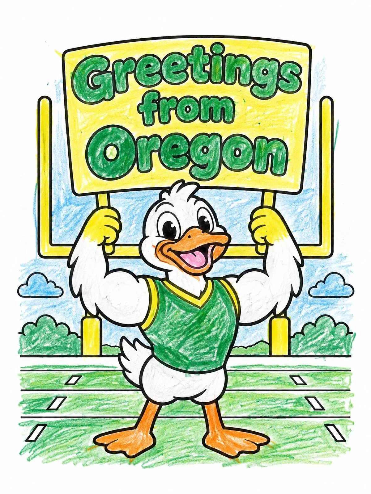 Colored example of the Greetings From Oregon Duck Mascot coloring page