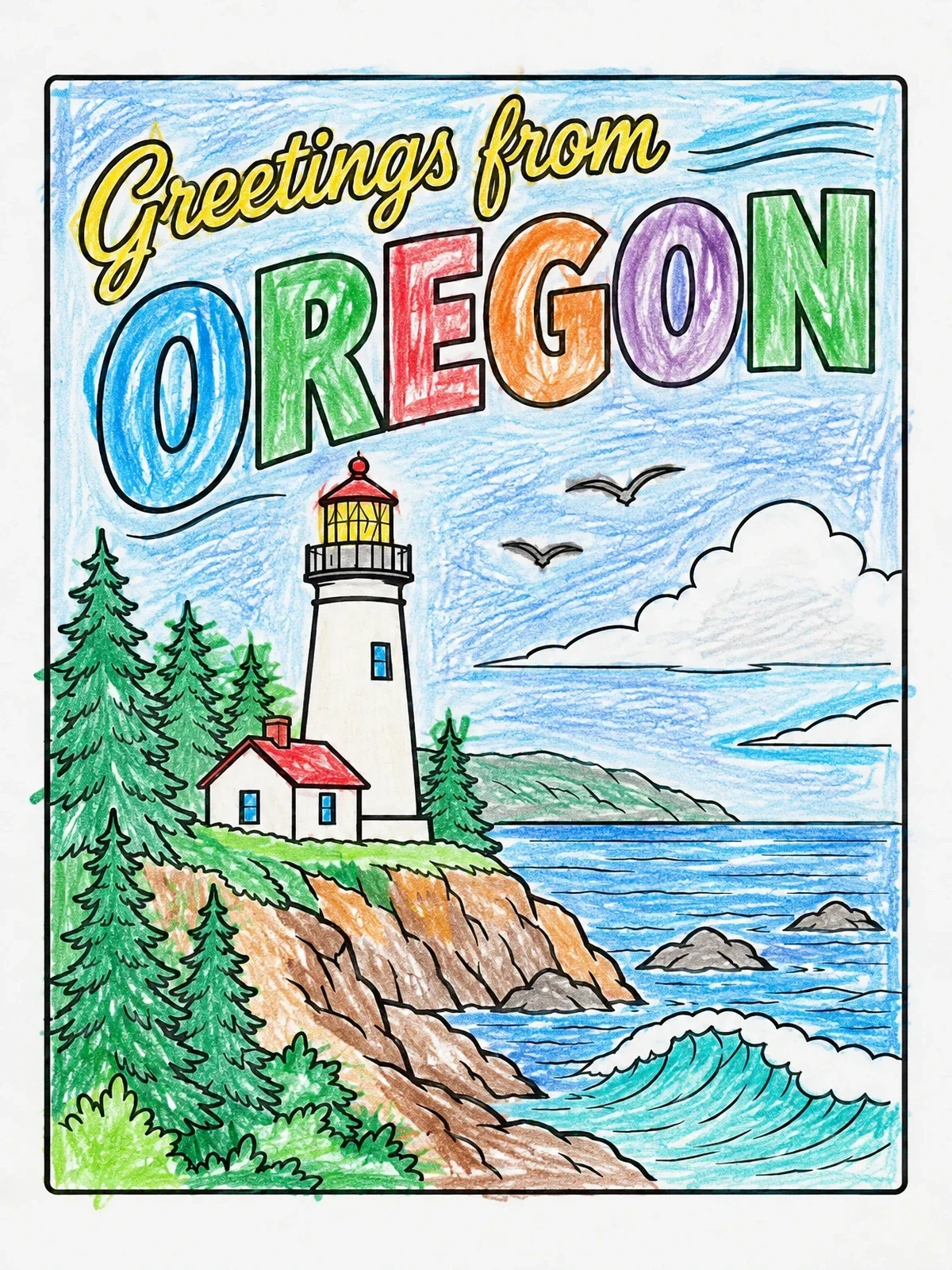 Colored example of the Greetings From Oregon Lighthouse Postcard coloring page