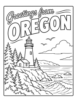 Free printable Greetings From Oregon Lighthouse Postcard coloring page