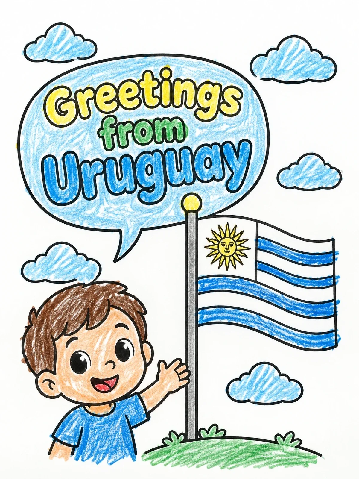 Colored example of the Greetings From Uruguay With Flag coloring page