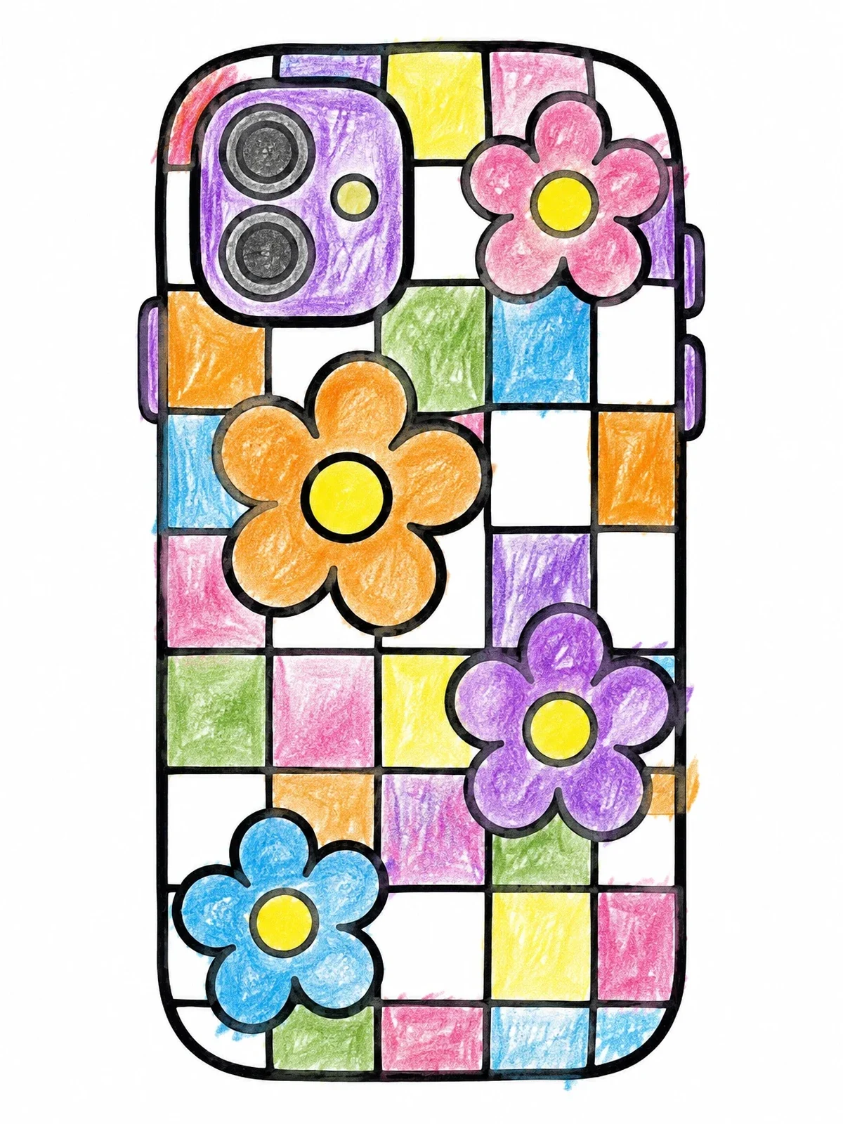 Colored example of the Grid And Flowers Phone Case coloring page
