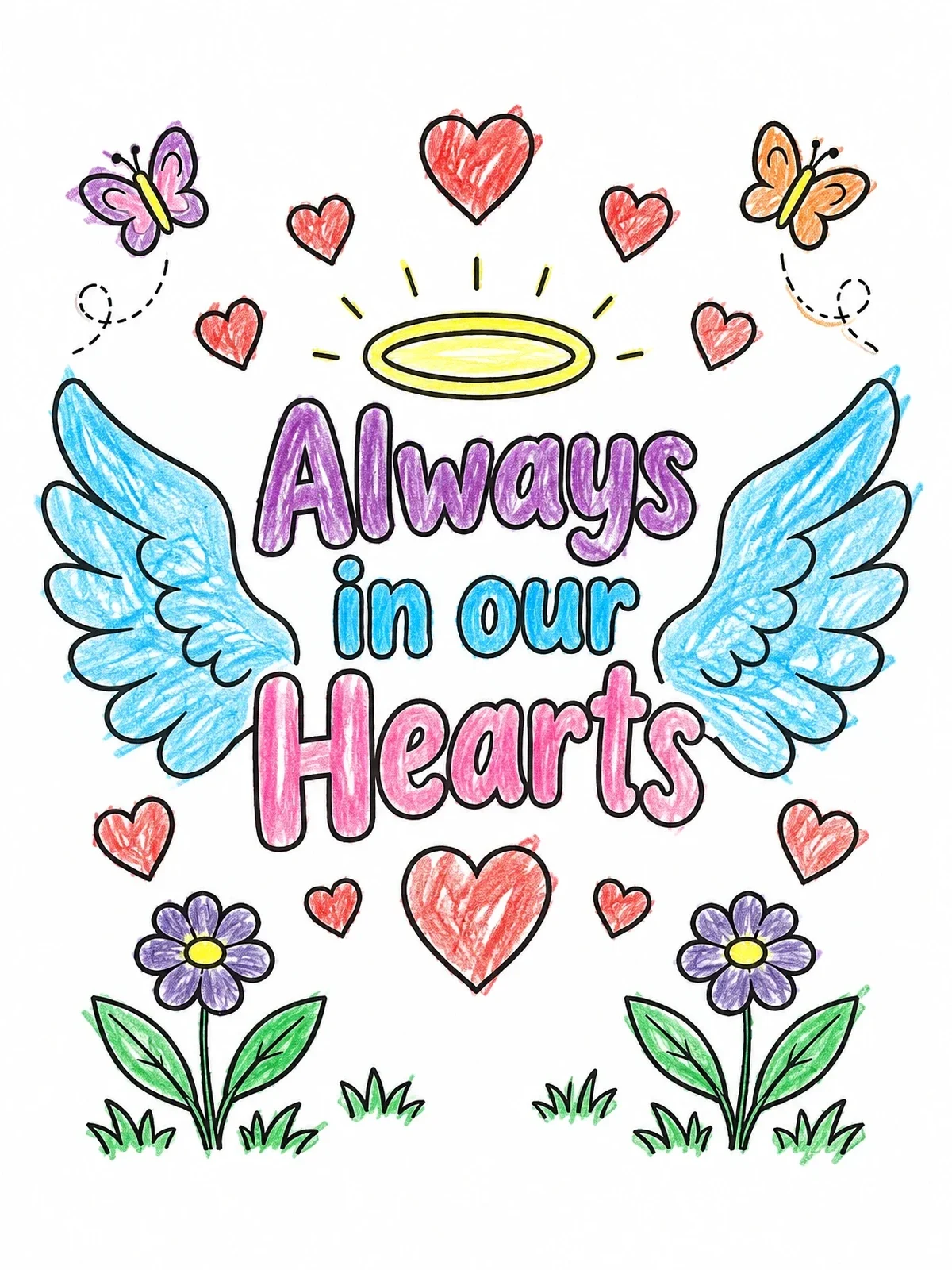 Colored example of the Always In Our Hearts Memorial coloring page