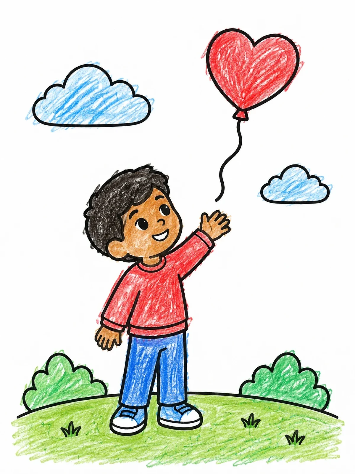 Colored example of the Child Releasing A Heart Balloon coloring page