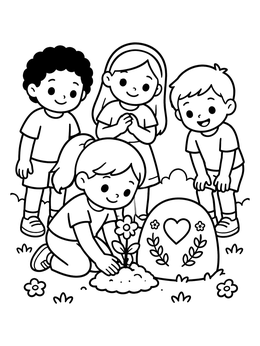 Free printable Children Planting A Flower Of Remembrance coloring page