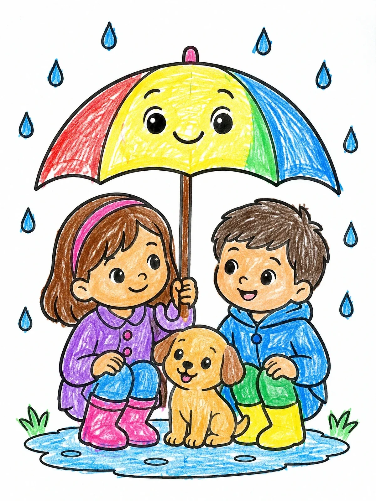 Colored example of the Children And Puppy Under Rainy Umbrella coloring page