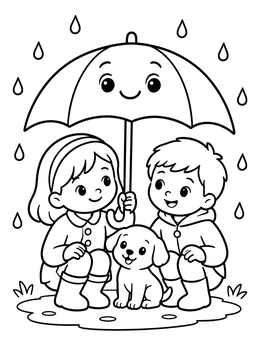 Free printable Children And Puppy Under Rainy Umbrella coloring page