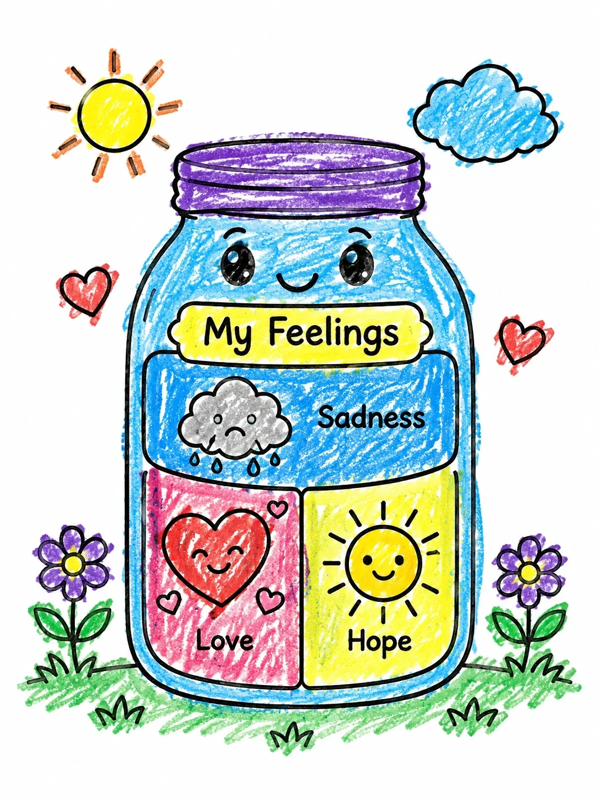 Colored example of the Cute Feelings Jar For Healing coloring page