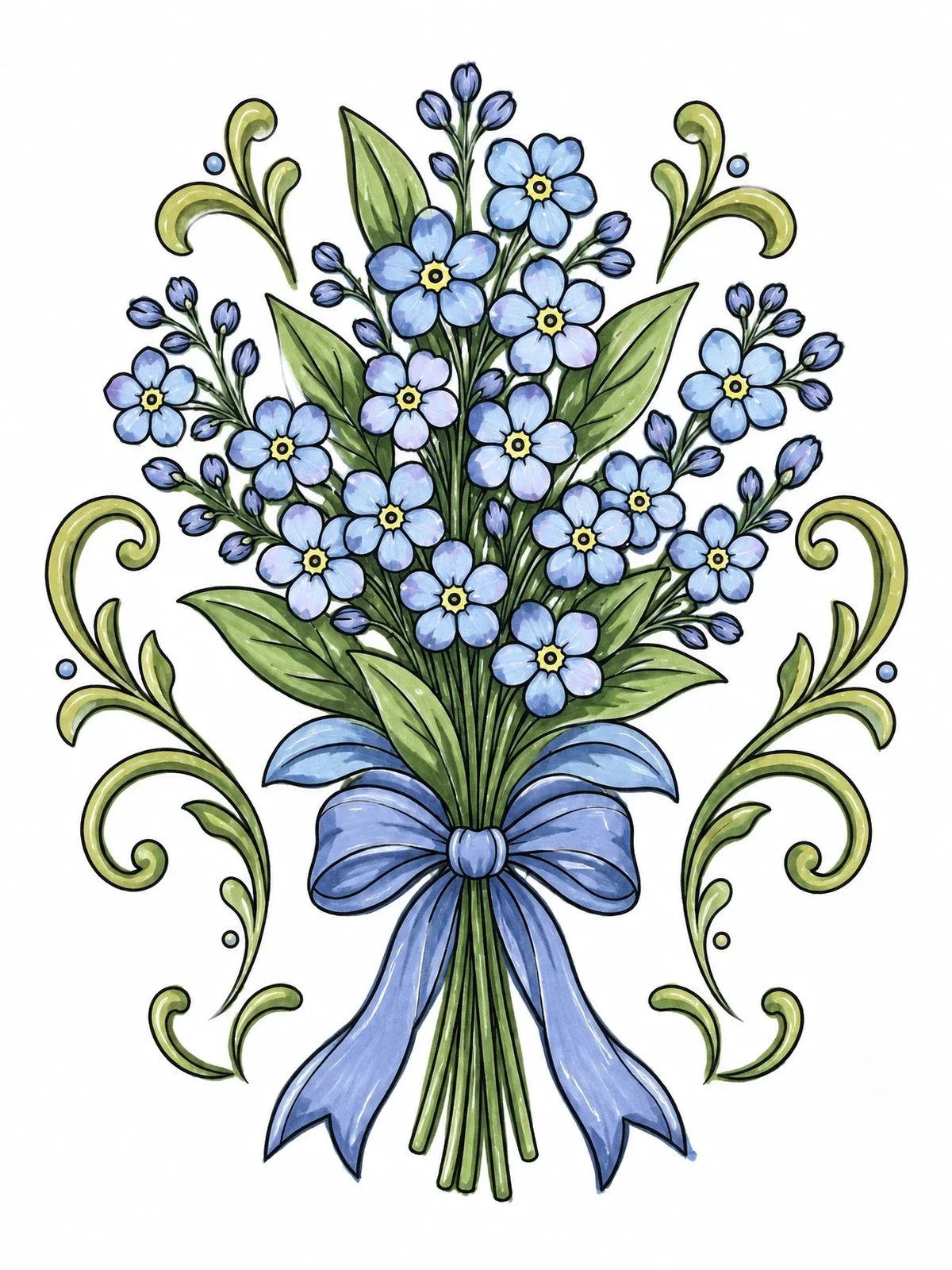 Colored example of the Forget Me Not Ribbon Bouquet coloring page
