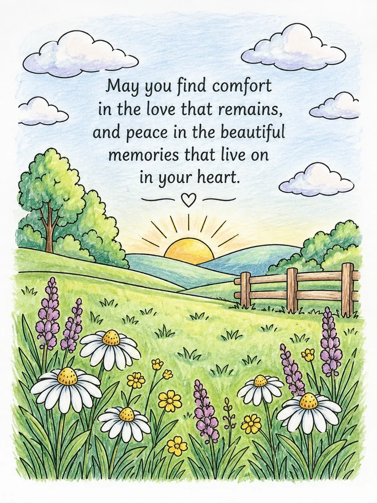 Colored example of the Meadow Sunrise With Comforting Quote coloring page