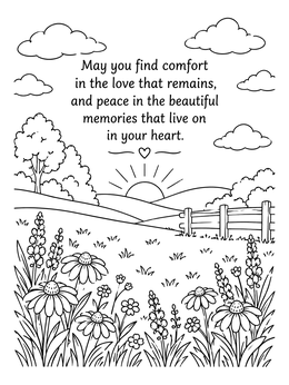 Free printable Meadow Sunrise With Comforting Quote coloring page