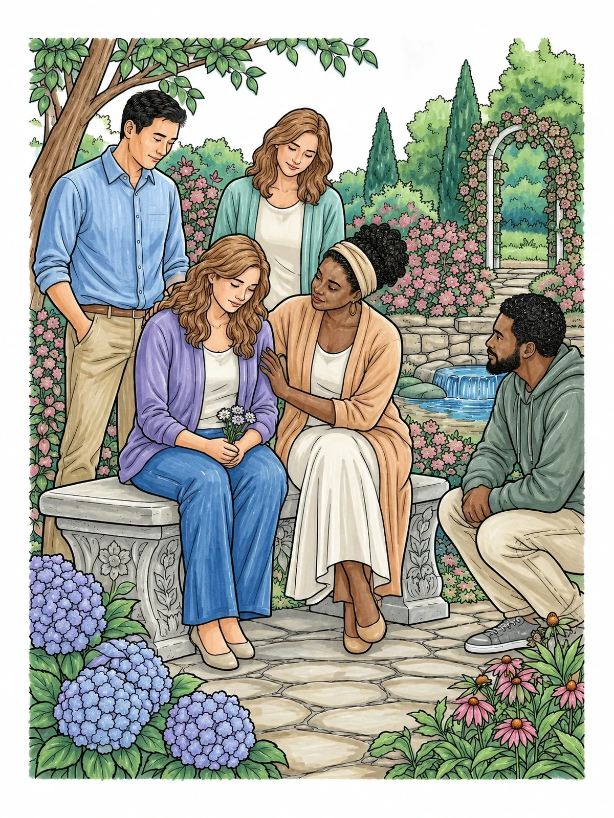 Colored example of the Supportive Friends In Memorial Garden coloring page