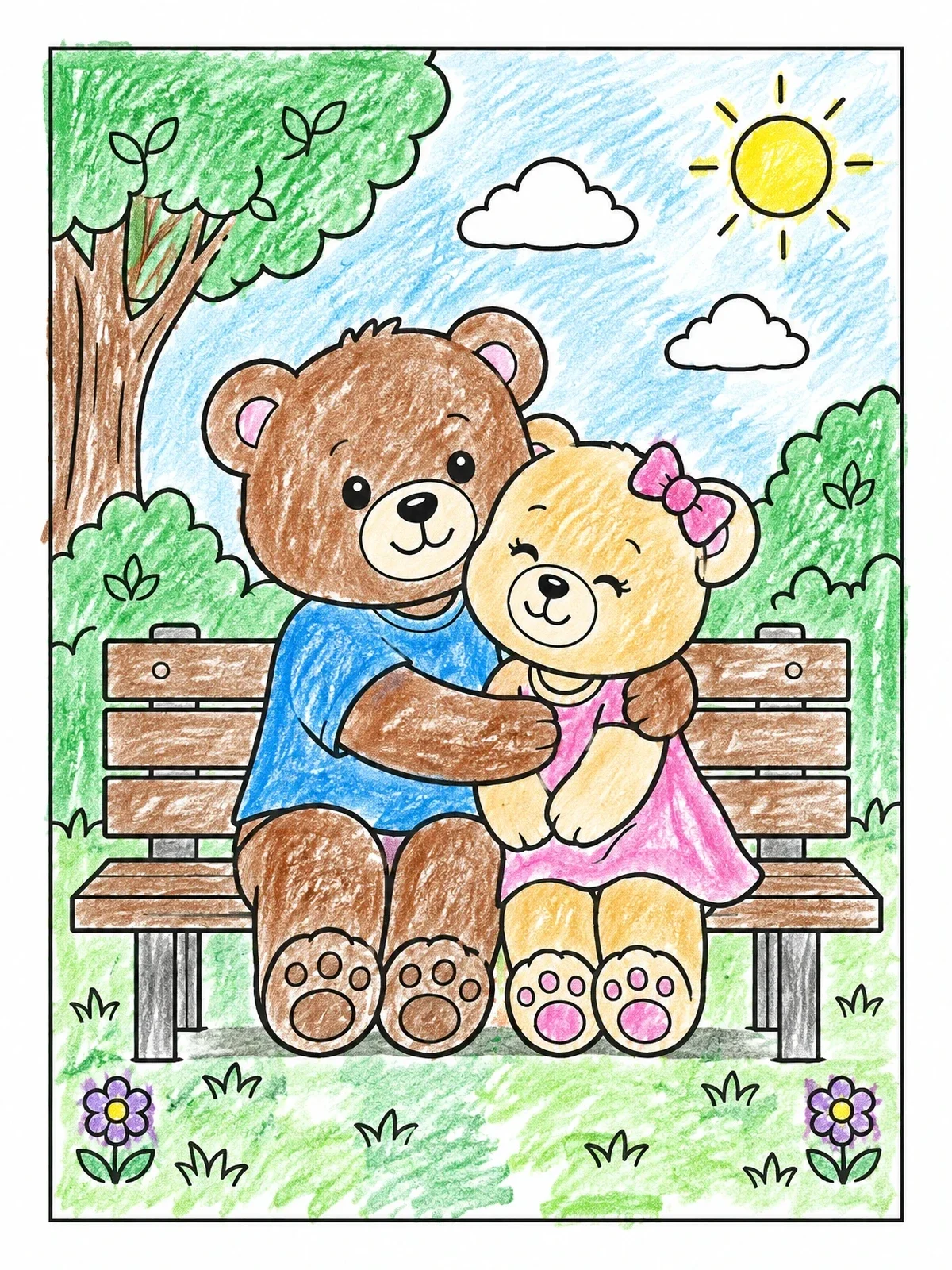 Colored example of the Teddy Bears Hugging On A Park Bench coloring page