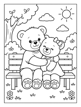 Free printable Teddy Bears Hugging On A Park Bench coloring page