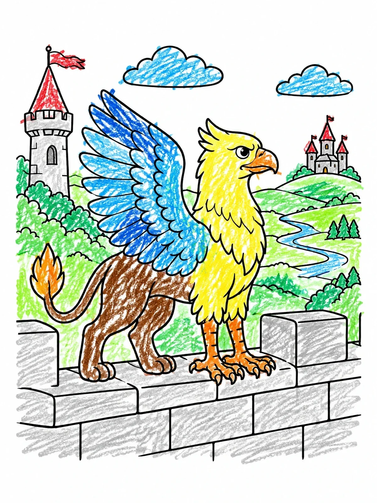 Colored example of the Griffin Guarding The Castle Wall coloring page