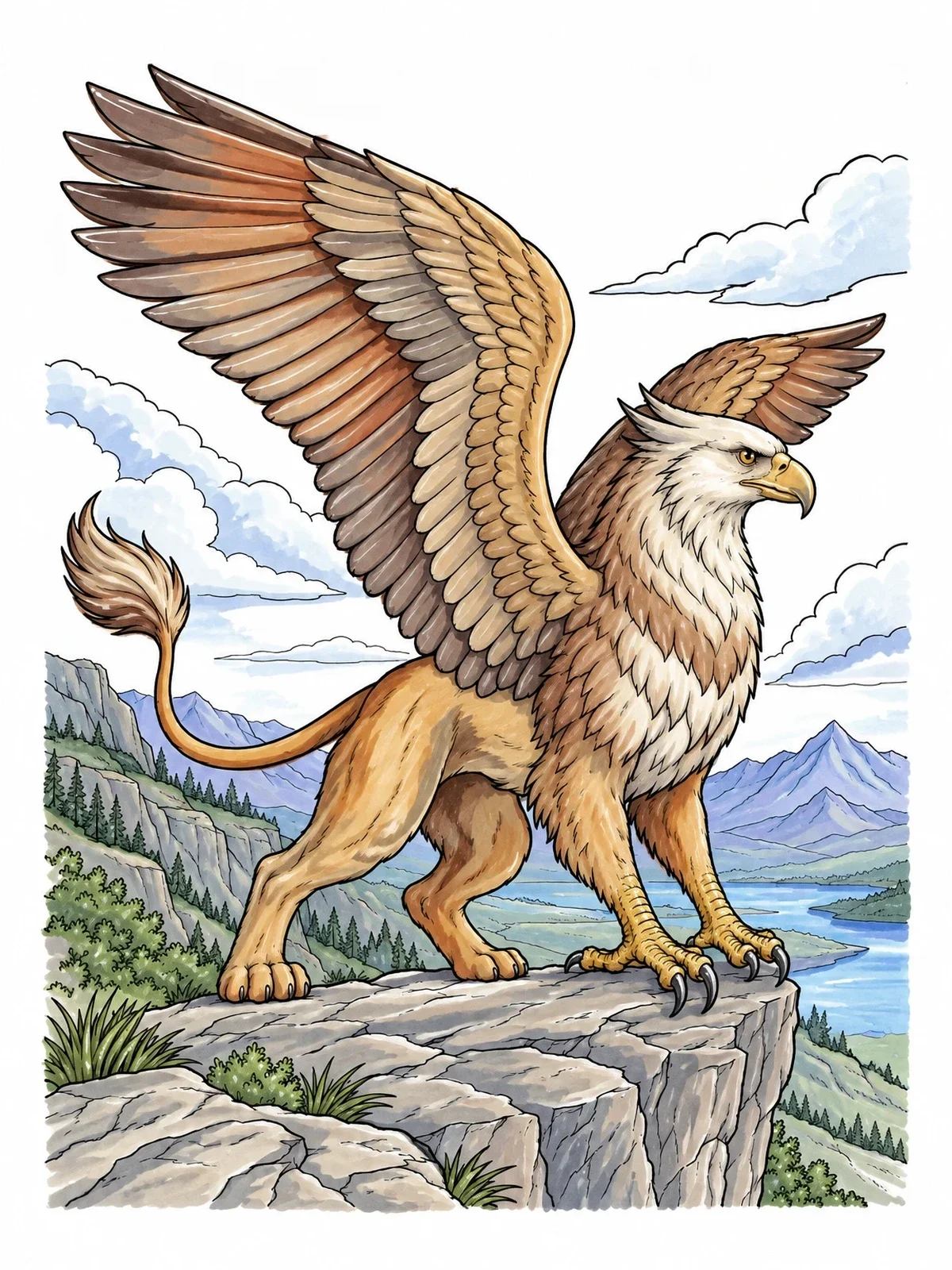 Colored example of the Majestic Griffin On Mountain Cliff coloring page