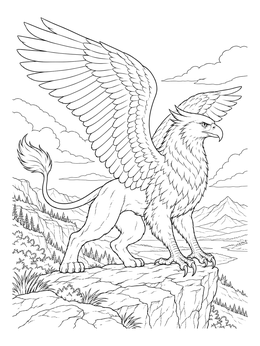 A detailed griffin coloring page perched atop a rocky mountain cliff with outstretched wings.