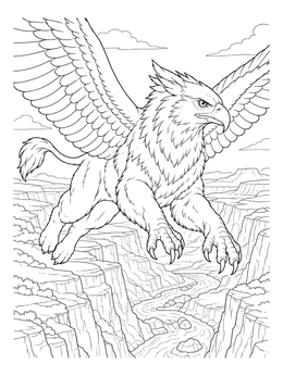 A detailed griffin coloring page soaring high above a rocky river canyon.