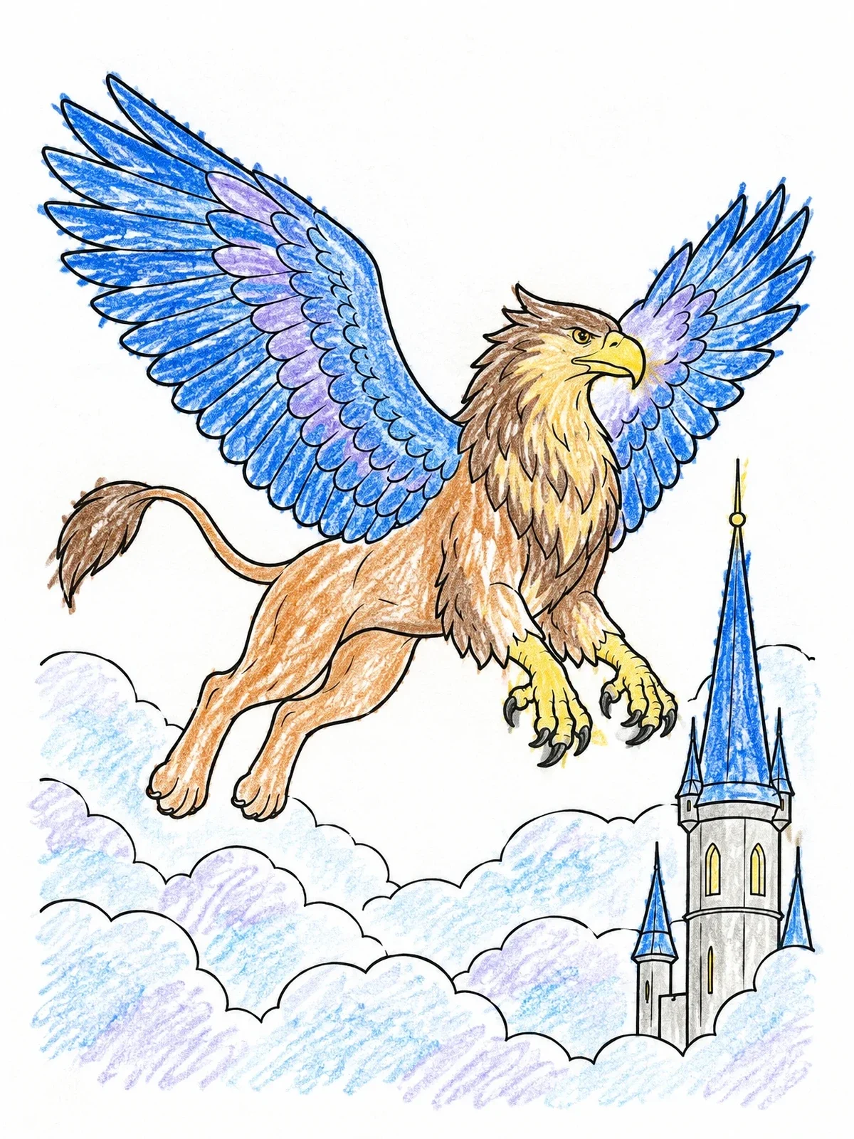 Colored example of the Griffin Soaring Over Castle Spire coloring page