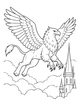A majestic griffin coloring page soaring high above castle towers and fluffy clouds.