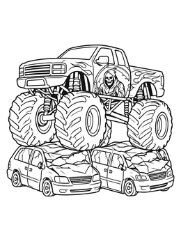 A detailed monster truck coloring page featuring flame decals and a skull driver crushing two vans.