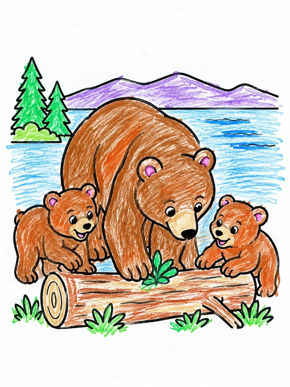 Colored example of the Grizzly Bear Family By The Lake coloring page