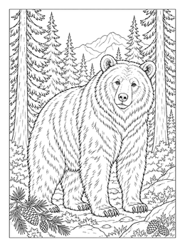 A large grizzly bear coloring page set within a scenic mountain pine forest.