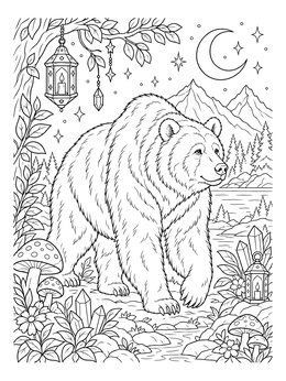 A detailed bear coloring page showing a large grizzly walking under a crescent moon and lanterns.