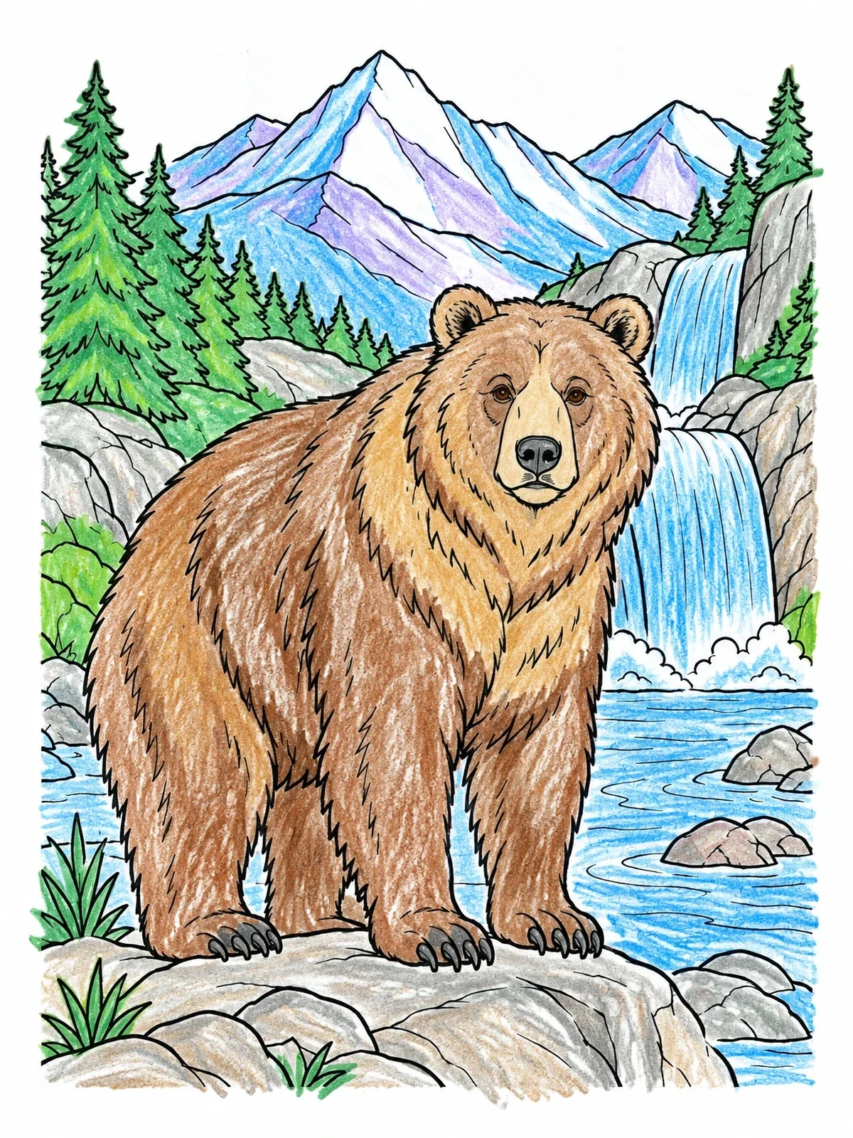 Colored example of the Grizzly Bear By Yellowstone Waterfall coloring page