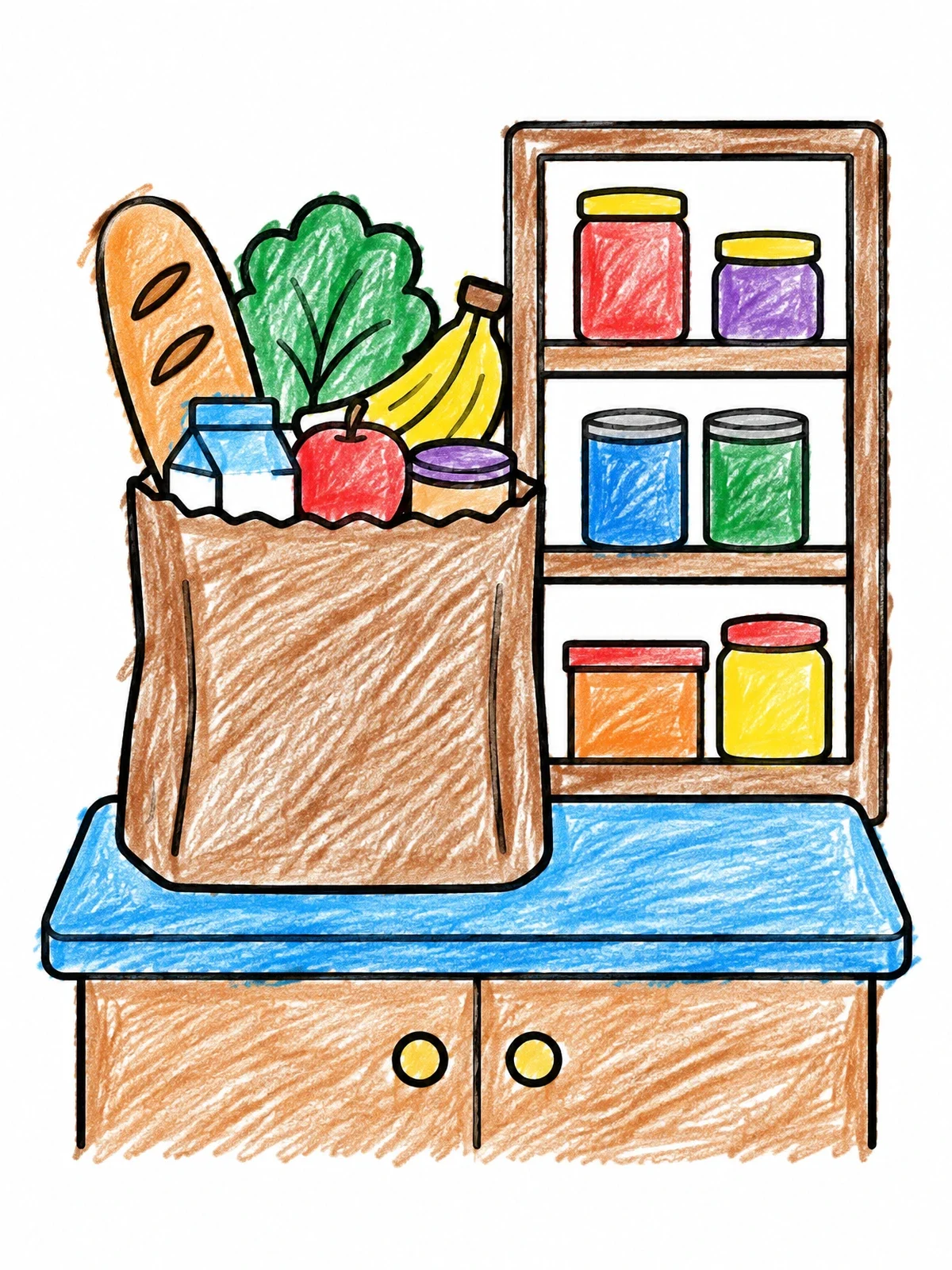 Colored example of the Grocery Bag On The Kitchen Counter coloring page