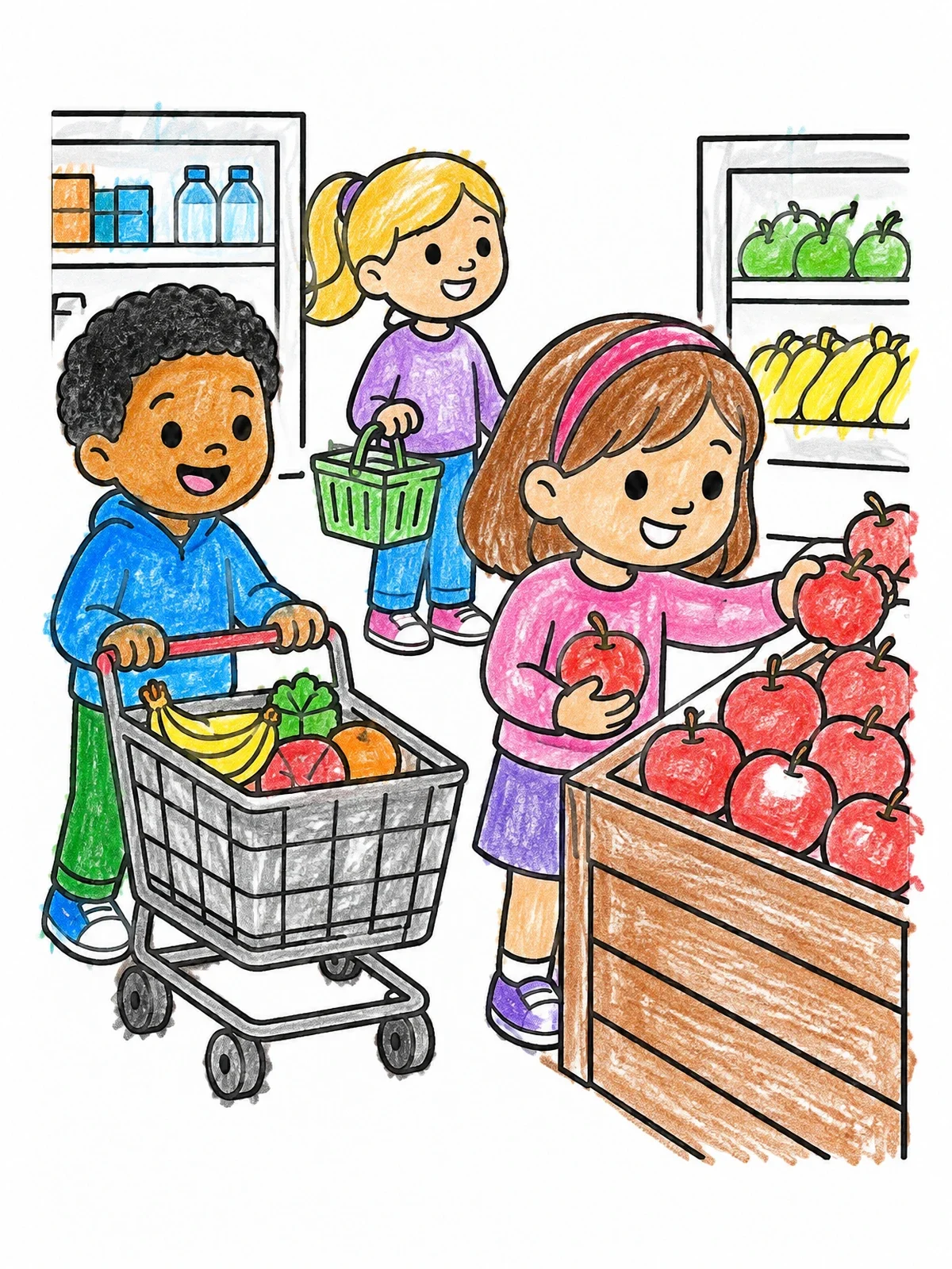 Colored example of the Children Shopping For Fresh Fruit coloring page